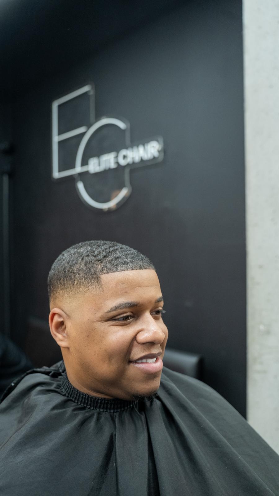 Clean buzz cut finish at Elite Chair Barber in Canning Town
