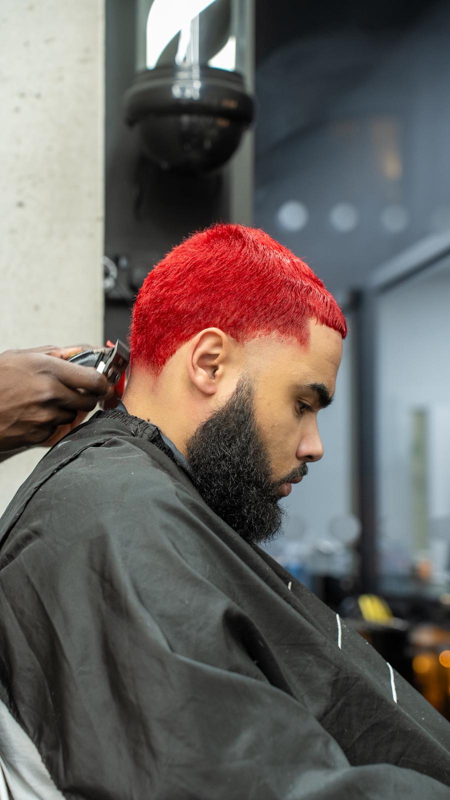 Red hair colour and fade service at Elite Chair Barber East London